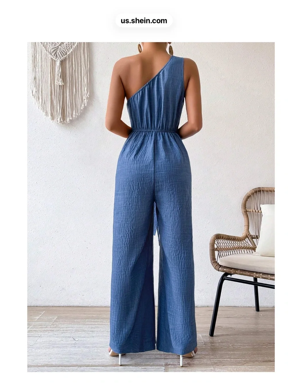 One-Shoulder Blue Textured Jumpsuit with Waist Tie - Picture 2 of 3